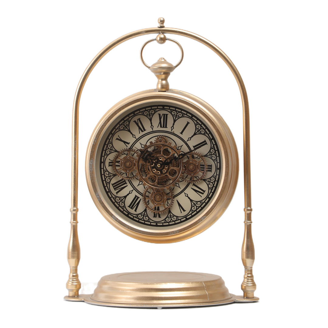 Marrakye Arch Moving Cogs Table Clock - Metallic Gold Wash