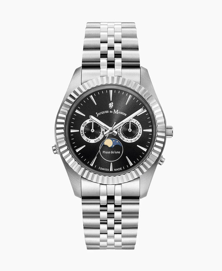 Jacques du Manoir Watch Jacques du Manoir Inspiration Moonphase 40mm Day-Date Silver Black Watch Brand